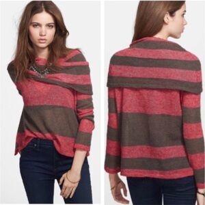 FREE PEOPLE Lulu Cowl Neck Sz XS Maroon Stripe Gray Sweater Low-Hi Alpaca/Nylon